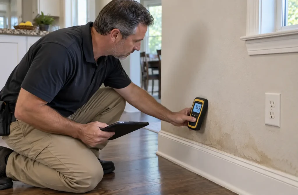 Moisture inspection of a water-damaged wall in a home