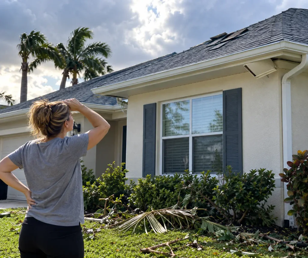 Homeowner inspecting possible roof and exterior damage after a storm